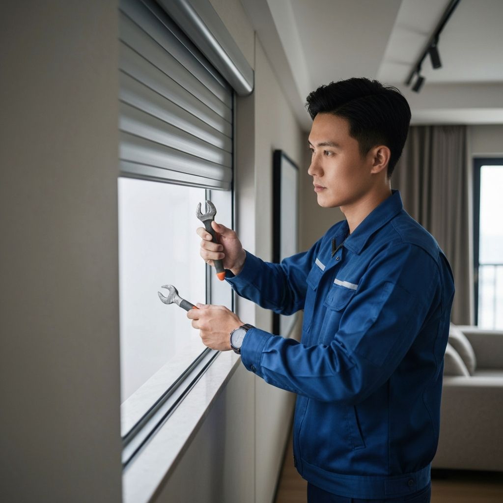 Technicien professionnel en train de réparer un volet roulant à Lyon - Dépannage rapide et efficace